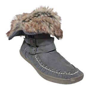 Rocket Dog Women's Grey Textile Faux Fur Ankle Booties Raw Edge Sz 7.5